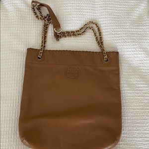Tory Burch Camel Leather Crossbody with Gold Chain
